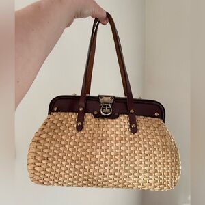 Vintage Straw and Leather Doctors Bag Purse Turnlock Closure